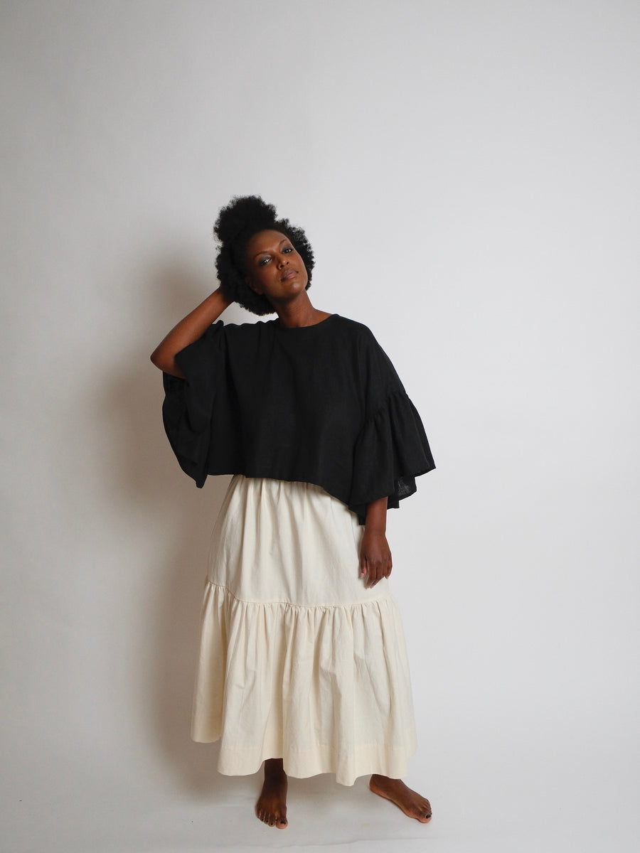 ZW Gather Sleeve Top -  Black Linen