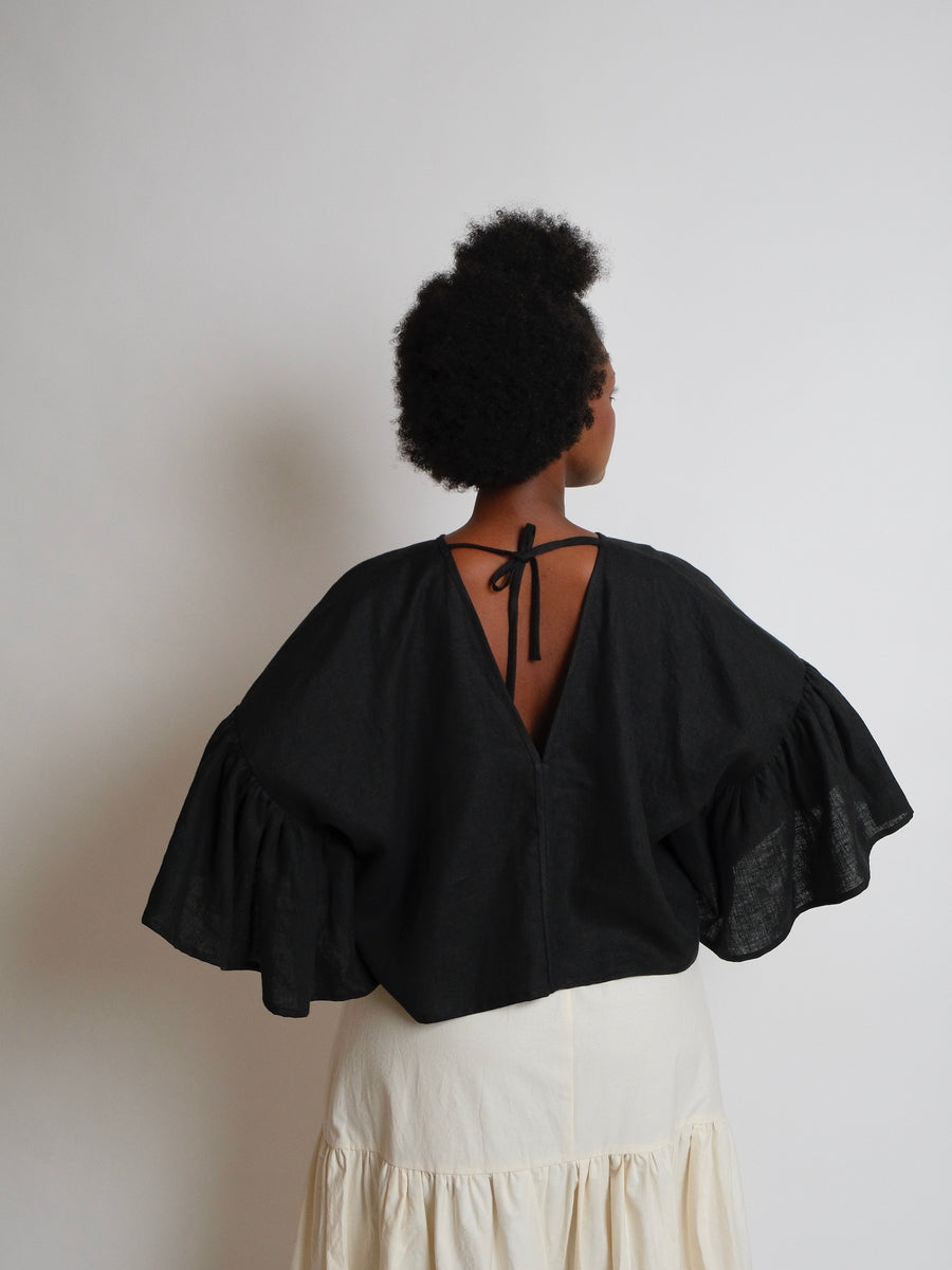 ZW Gather Sleeve Top -  Black Linen