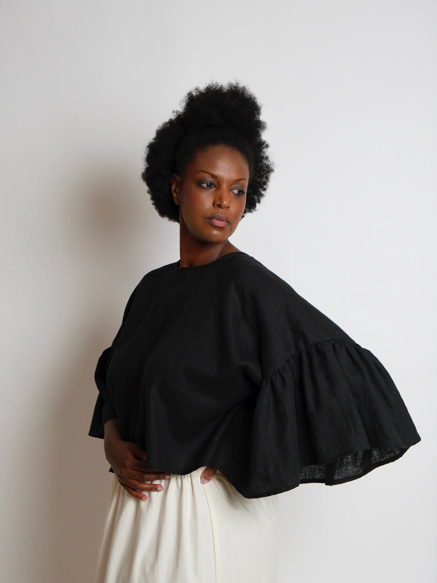ZW Gather Sleeve Top -  Black Linen