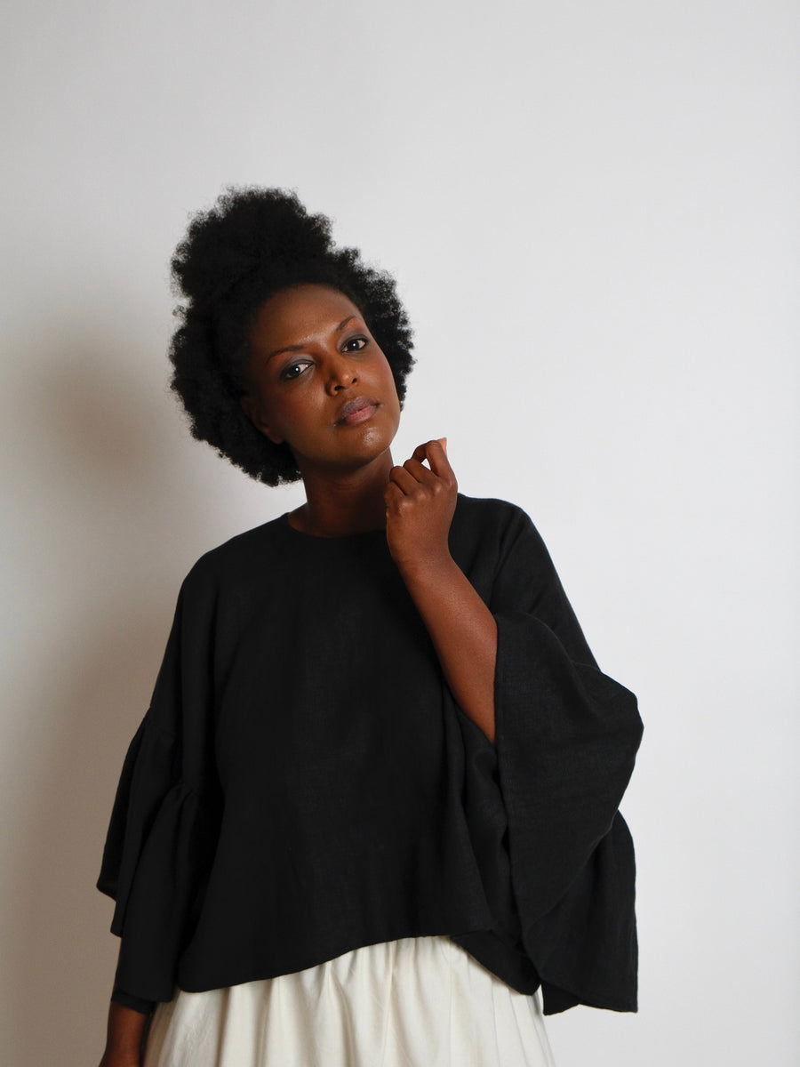 ZW Gather Sleeve Top -  Black Linen