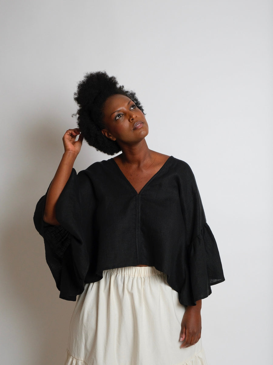 ZW Gather Sleeve Top -  Black Linen