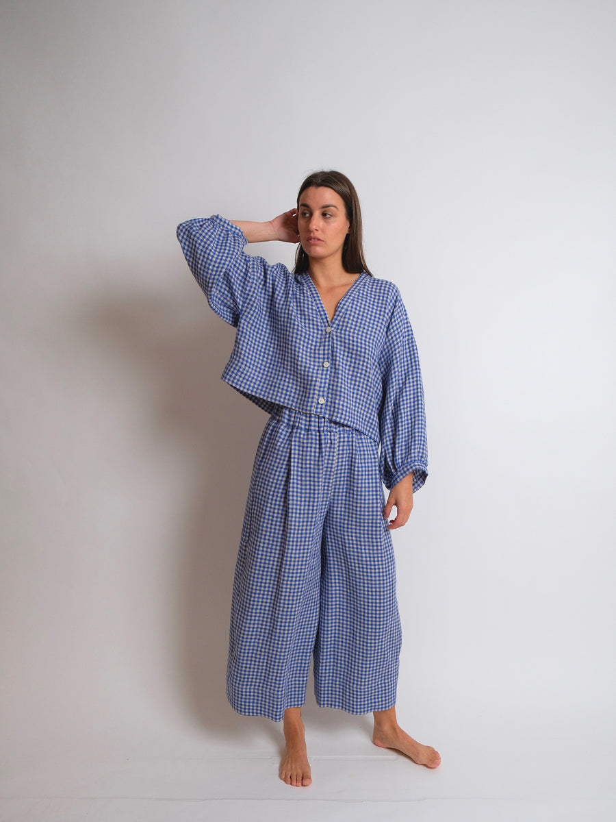 ZW Cropped Shirt -  Blue Check Linen