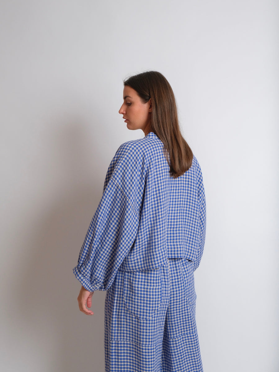ZW Cropped Shirt -  Blue Check Linen