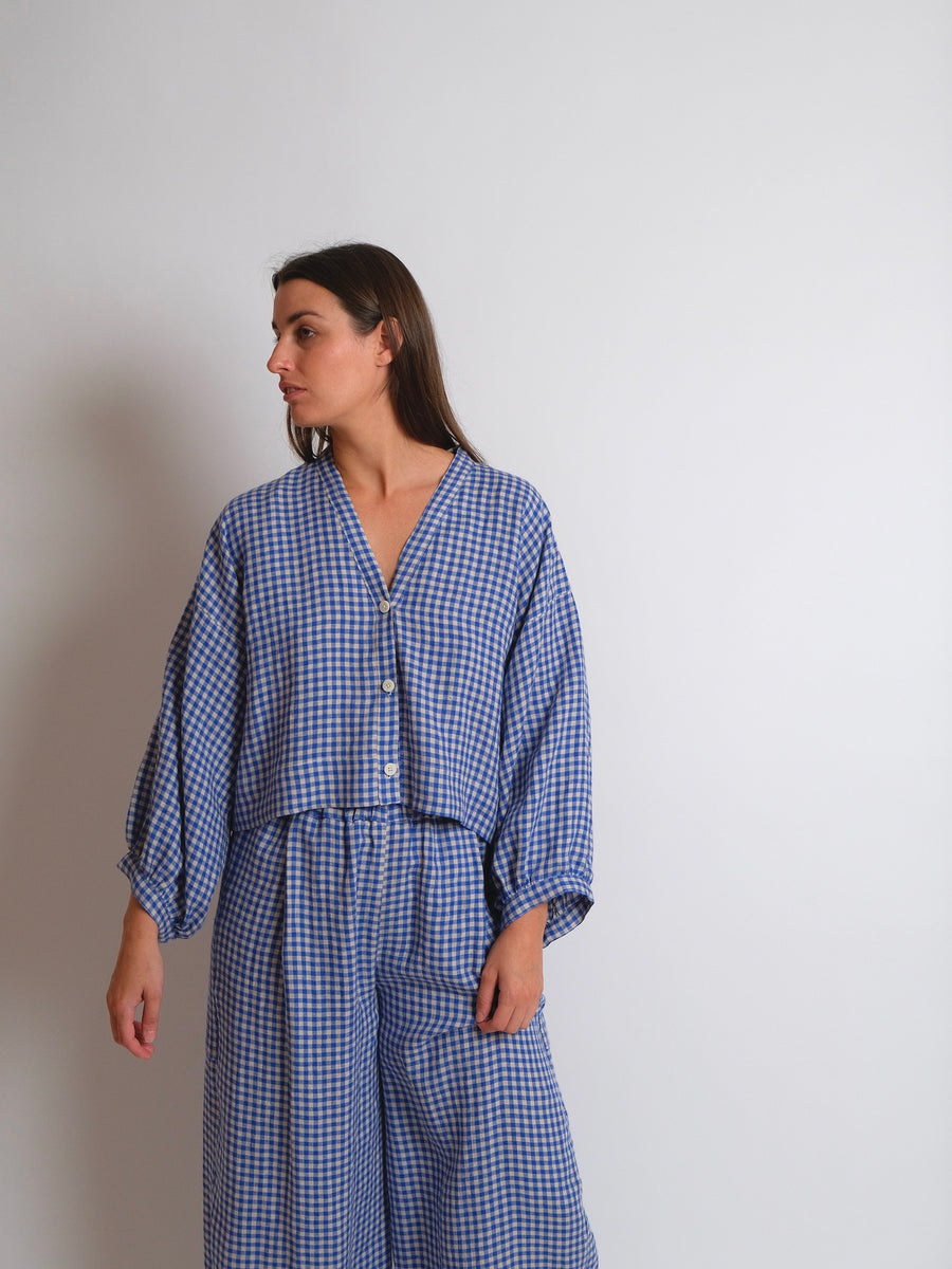 ZW Cropped Shirt -  Blue Check Linen