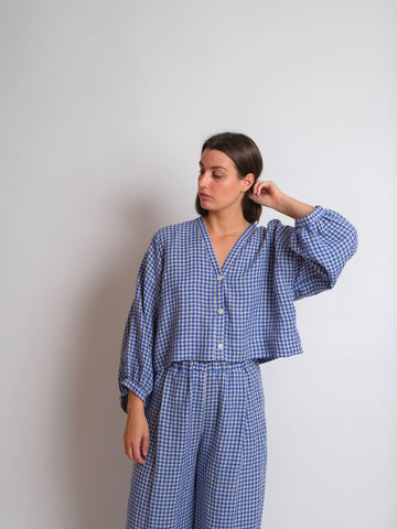 ZW Cropped Shirt -  Blue Check Linen